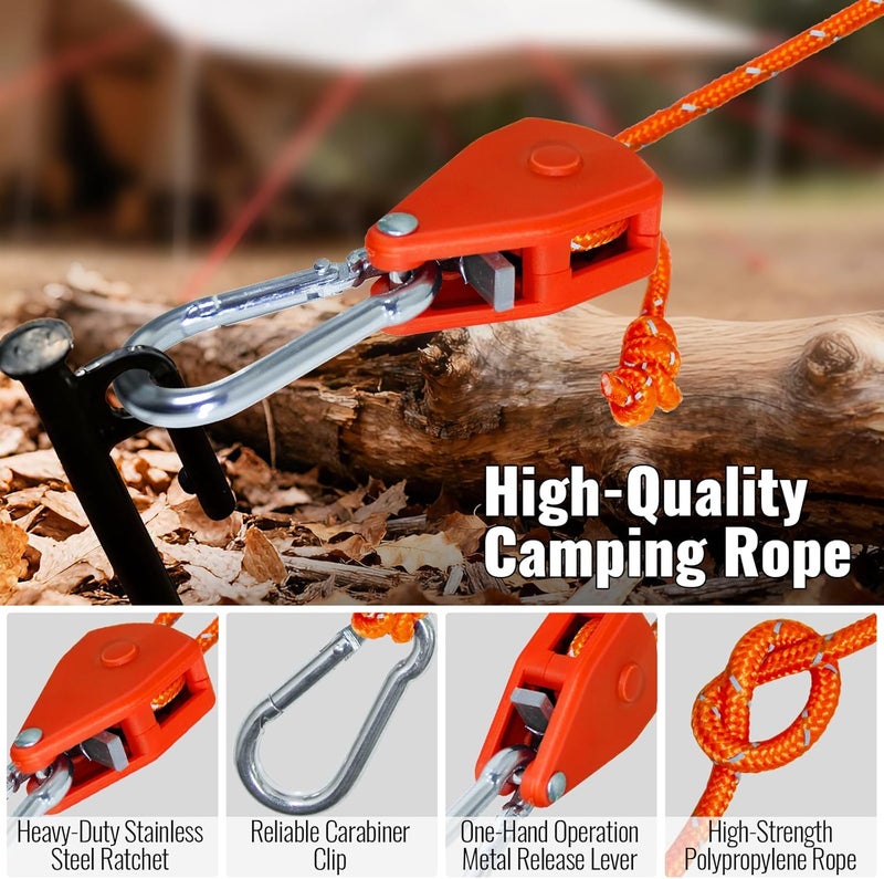 SOHIDAS Camping Rope Reflective Tent Rope Guyline with Ratchet Pulley, Tarp Tie Down Ropes for Tent Tarp, Canopy Shelter, Camping, 13ft Adjustable Guy Line for Canopy Tent 4 Pack Guy Lines Tents Cords - Image 2